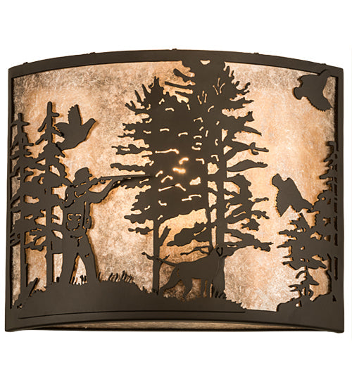 Meyda Lighting Quail Hunter With Dog 14" Oil Rubbed Bronze Wall Sconce With Silver Mica Shade Glass