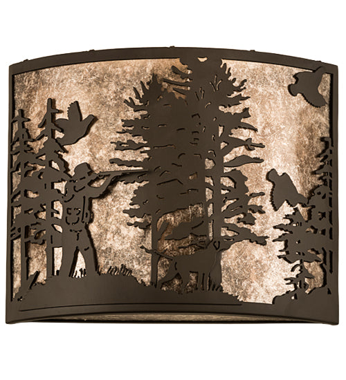 Meyda Lighting Quail Hunter With Dog 14" Oil Rubbed Bronze Wall Sconce With Silver Mica Shade Glass
