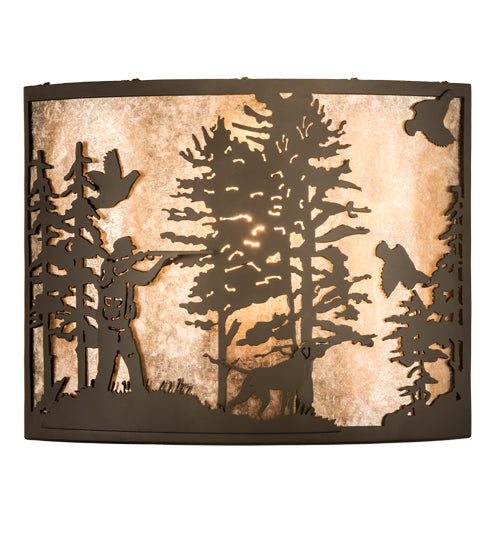 Meyda Lighting Quail Hunter With Dog 14" Oil Rubbed Bronze Wall Sconce With Silver Mica Shade Glass
