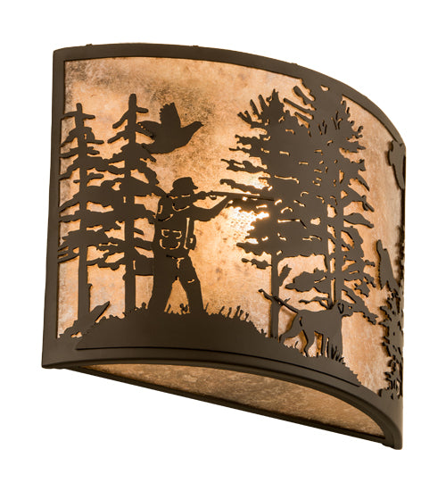 Meyda Lighting Quail Hunter With Dog 14" Oil Rubbed Bronze Wall Sconce With Silver Mica Shade Glass