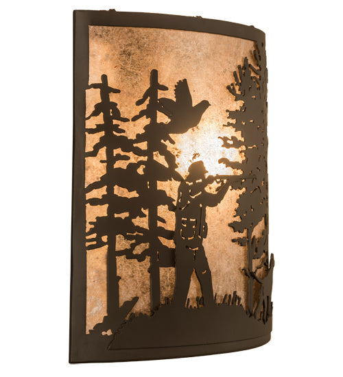 Meyda Lighting Quail Hunter With Dog 14" Oil Rubbed Bronze Wall Sconce With Silver Mica Shade Glass