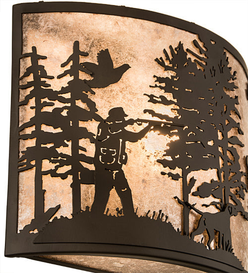 Meyda Lighting Quail Hunter With Dog 14" Oil Rubbed Bronze Wall Sconce With Silver Mica Shade Glass