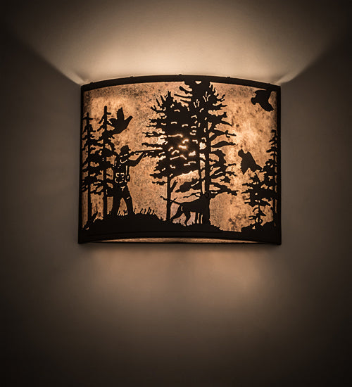 Meyda Lighting Quail Hunter With Dog 14" Oil Rubbed Bronze Wall Sconce With Silver Mica Shade Glass