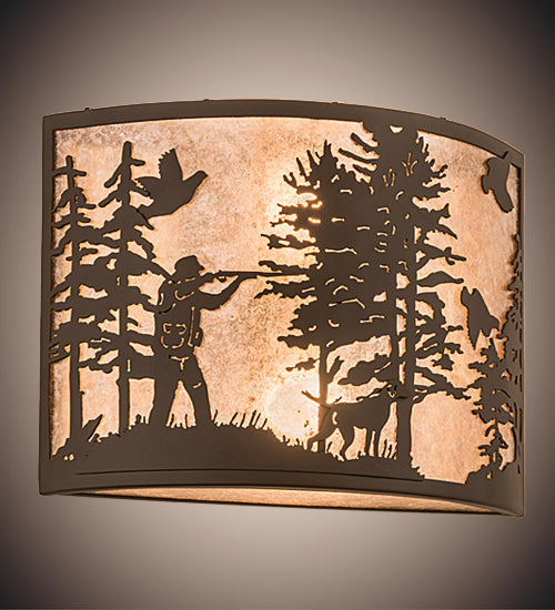 Meyda Lighting Quail Hunter With Dog 16" 2-Light Oil Rubbed Bronze Wall Sconce With Silver Mica Shade Glass