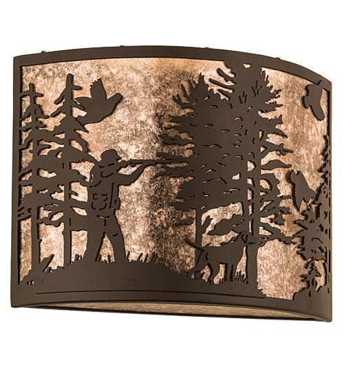 Meyda Lighting Quail Hunter With Dog 16" 2-Light Oil Rubbed Bronze Wall Sconce With Silver Mica Shade Glass