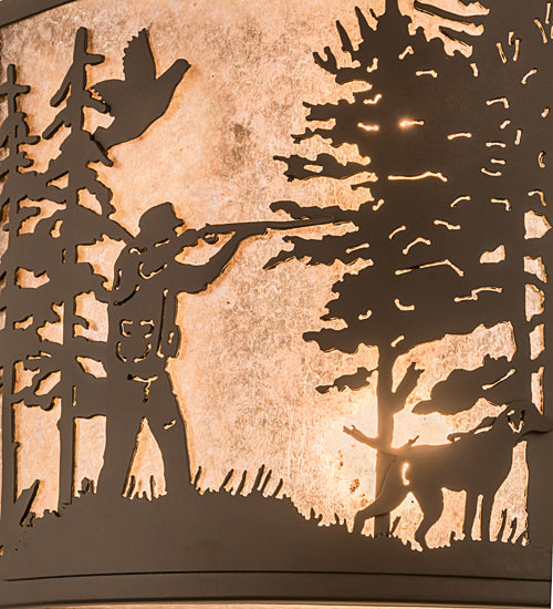Meyda Lighting Quail Hunter With Dog 16" 2-Light Oil Rubbed Bronze Wall Sconce With Silver Mica Shade Glass