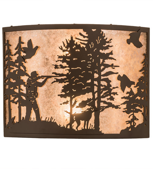 Meyda Lighting Quail Hunter With Dog 16" 2-Light Oil Rubbed Bronze Wall Sconce With Silver Mica Shade Glass