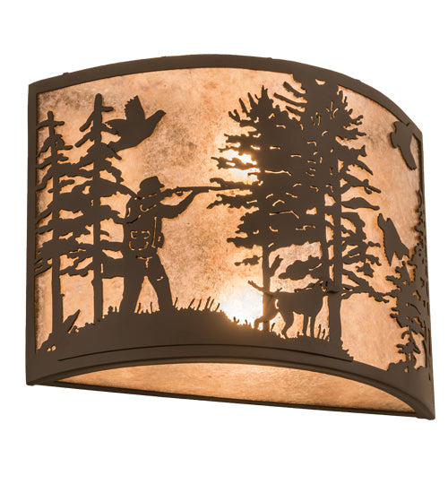 Meyda Lighting Quail Hunter With Dog 16" 2-Light Oil Rubbed Bronze Wall Sconce With Silver Mica Shade Glass