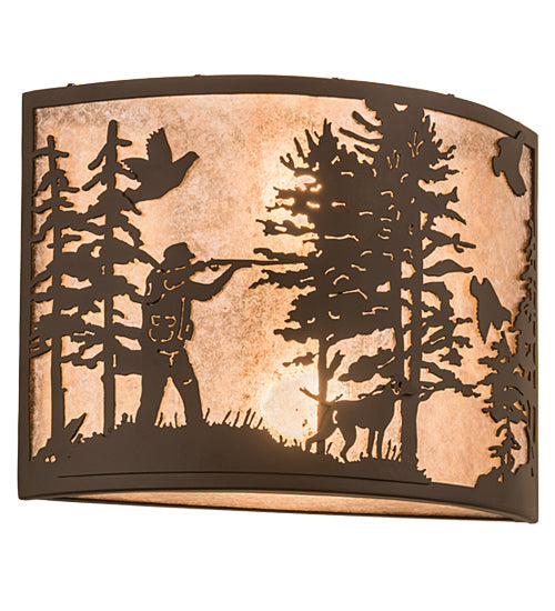Meyda Lighting Quail Hunter With Dog 16" 2-Light Oil Rubbed Bronze Wall Sconce With Silver Mica Shade Glass