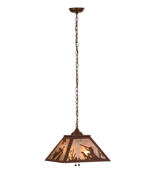 Meyda Lighting Quail Hunter With Dog 23" 2-Light Rust Pendant Light With Silver Mica Shade Glass