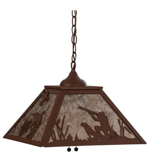 Meyda Lighting Quail Hunter With Dog 23" 2-Light Rust Pendant Light With Silver Mica Shade Glass