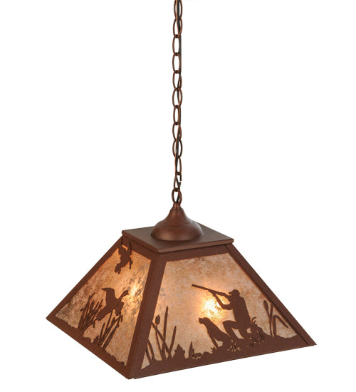 Meyda Lighting Quail Hunter With Dog 23" 2-Light Rust Pendant Light With Silver Mica Shade Glass
