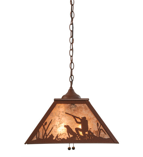 Meyda Lighting Quail Hunter With Dog 23" 2-Light Rust Pendant Light With Silver Mica Shade Glass