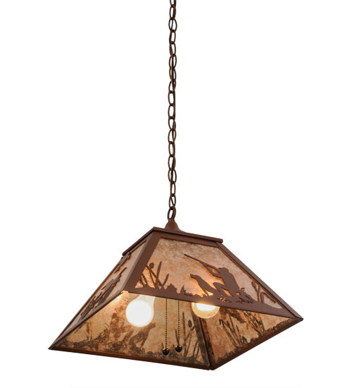 Meyda Lighting Quail Hunter With Dog 23" 2-Light Rust Pendant Light With Silver Mica Shade Glass