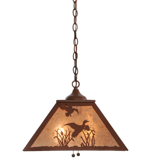 Meyda Lighting Quail Hunter With Dog 23" 2-Light Rust Pendant Light With Silver Mica Shade Glass