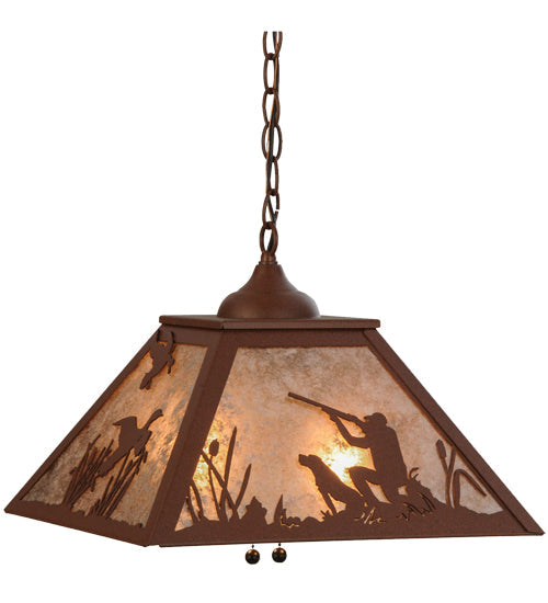 Meyda Lighting Quail Hunter With Dog 23" 2-Light Rust Pendant Light With Silver Mica Shade Glass