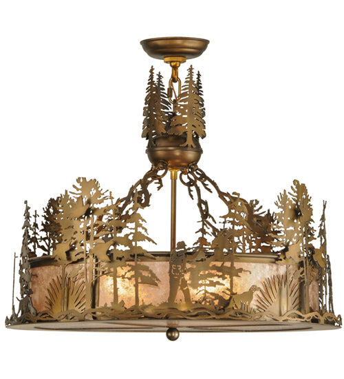 Meyda Lighting Quail Hunter With Dog 24" 4-Light Antique Copper Inverted Pendant Light With Silver Mica Shade Glass