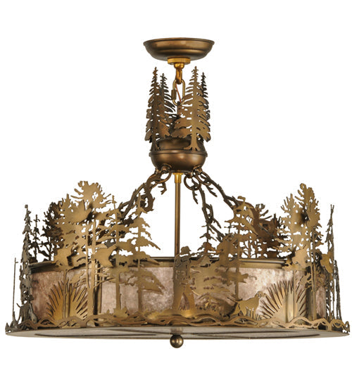 Meyda Lighting Quail Hunter With Dog 24" 4-Light Antique Copper Inverted Pendant Light With Silver Mica Shade Glass