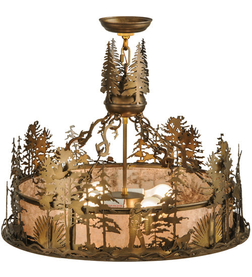 Meyda Lighting Quail Hunter With Dog 24" 4-Light Antique Copper Inverted Pendant Light With Silver Mica Shade Glass