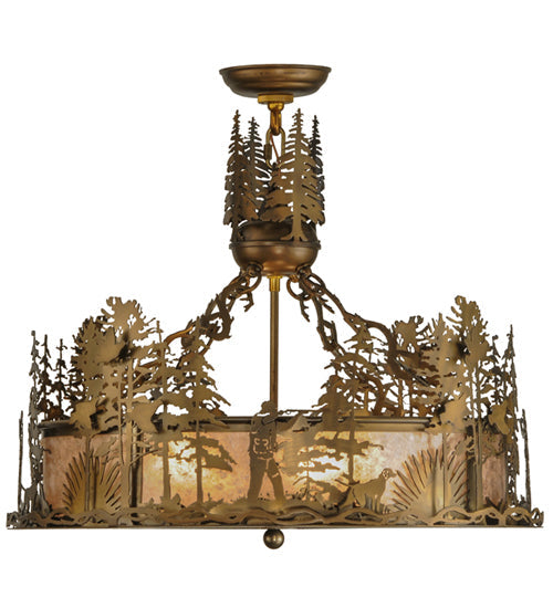 Meyda Lighting Quail Hunter With Dog 24" 4-Light Antique Copper Inverted Pendant Light With Silver Mica Shade Glass