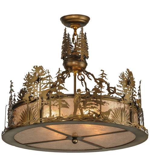 Meyda Lighting Quail Hunter With Dog 24" 4-Light Antique Copper Inverted Pendant Light With Silver Mica Shade Glass