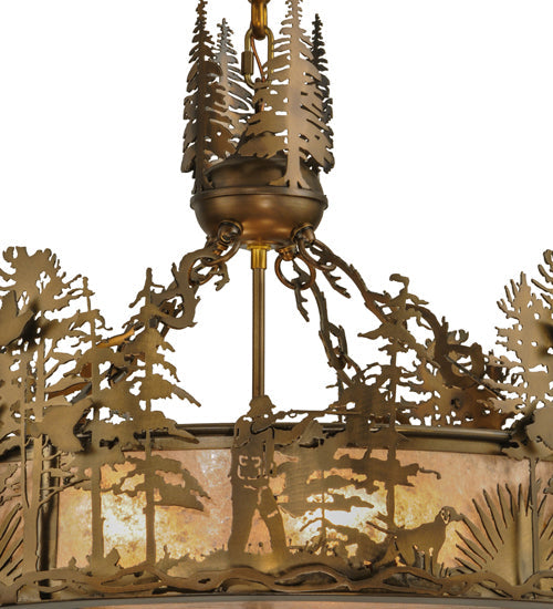 Meyda Lighting Quail Hunter With Dog 24" 4-Light Antique Copper Inverted Pendant Light With Silver Mica Shade Glass