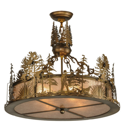 Meyda Lighting Quail Hunter With Dog 24" 4-Light Antique Copper Inverted Pendant Light With Silver Mica Shade Glass