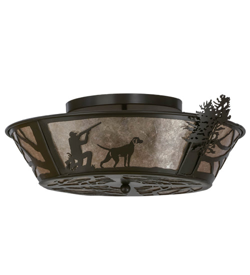 Meyda Lighting Quail Hunter With Dog 25" 4-Light Timeless Bronze Flush Mount Light With Silver Mica Shade Glass