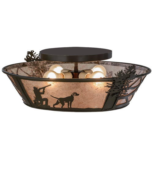 Meyda Lighting Quail Hunter With Dog 25" 4-Light Timeless Bronze Flush Mount Light With Silver Mica Shade Glass