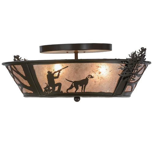 Meyda Lighting Quail Hunter With Dog 25" 4-Light Timeless Bronze Flush Mount Light With Silver Mica Shade Glass