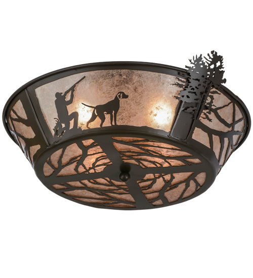 Meyda Lighting Quail Hunter With Dog 25" 4-Light Timeless Bronze Flush Mount Light With Silver Mica Shade Glass