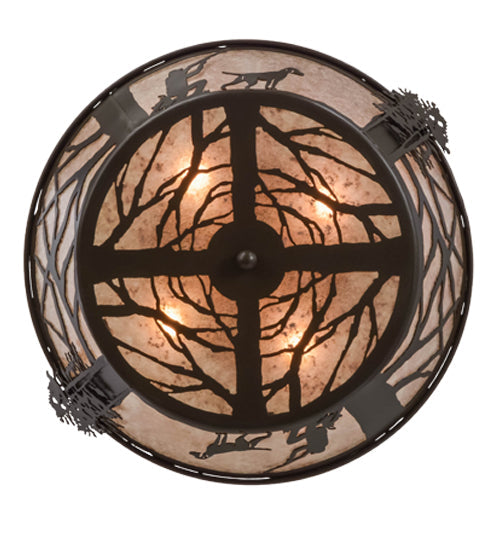 Meyda Lighting Quail Hunter With Dog 25" 4-Light Timeless Bronze Flush Mount Light With Silver Mica Shade Glass