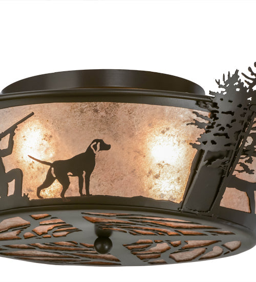 Meyda Lighting Quail Hunter With Dog 25" 4-Light Timeless Bronze Flush Mount Light With Silver Mica Shade Glass