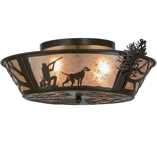 Meyda Lighting Quail Hunter With Dog 25" 4-Light Timeless Bronze Flush Mount Light With Silver Mica Shade Glass