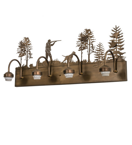 Meyda Lighting Quail Hunter With Dog 29" 4-Light Antique Copper Vanity Light With White Shade Glass