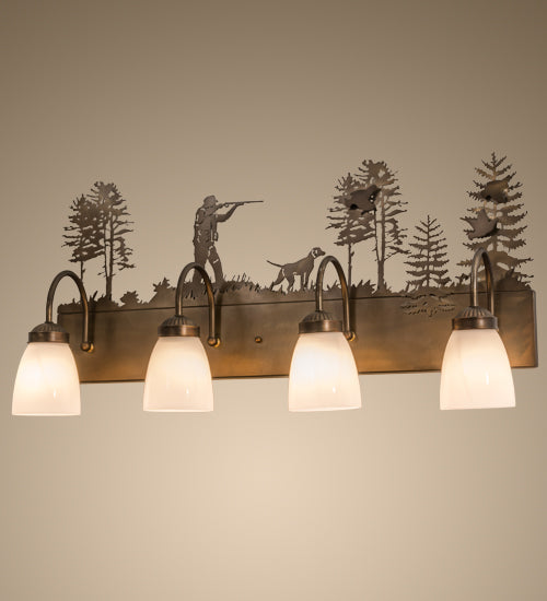Meyda Lighting Quail Hunter With Dog 29" 4-Light Antique Copper Vanity Light With White Shade Glass