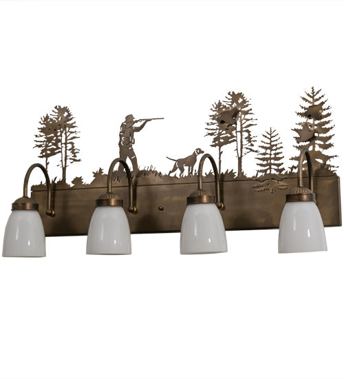 Meyda Lighting Quail Hunter With Dog 29" 4-Light Antique Copper Vanity Light With White Shade Glass