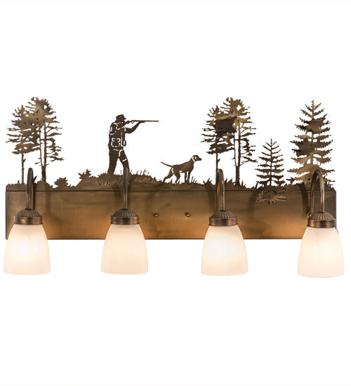 Meyda Lighting Quail Hunter With Dog 29" 4-Light Antique Copper Vanity Light With White Shade Glass
