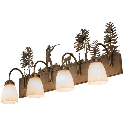 Meyda Lighting Quail Hunter With Dog 29" 4-Light Antique Copper Vanity Light With White Shade Glass