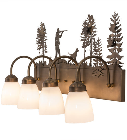 Meyda Lighting Quail Hunter With Dog 29" 4-Light Antique Copper Vanity Light With White Shade Glass