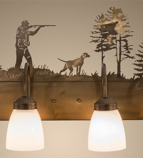Meyda Lighting Quail Hunter With Dog 29" 4-Light Antique Copper Vanity Light With White Shade Glass