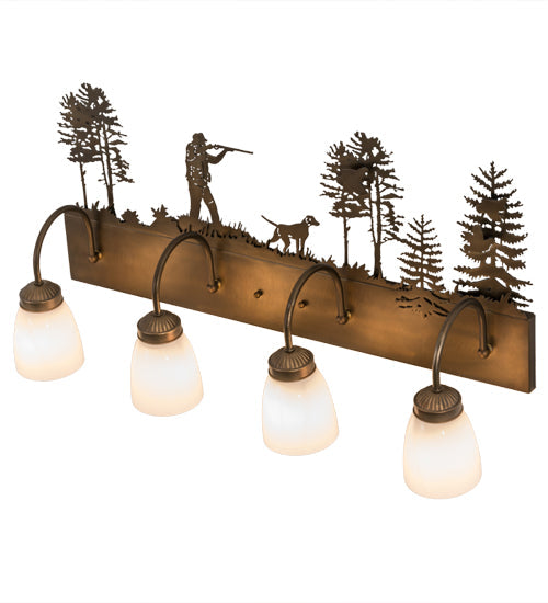 Meyda Lighting Quail Hunter With Dog 29" 4-Light Antique Copper Vanity Light With White Shade Glass