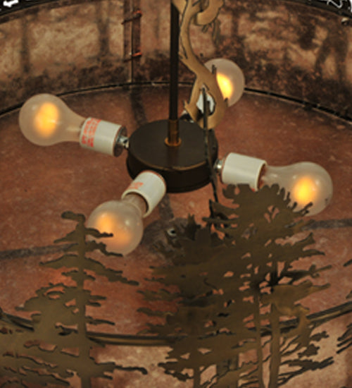 Meyda Lighting Quail Hunter With Dog 30" 4-Light Antique Copper Inverted Pendant Light With Silver Mica Shade Glass