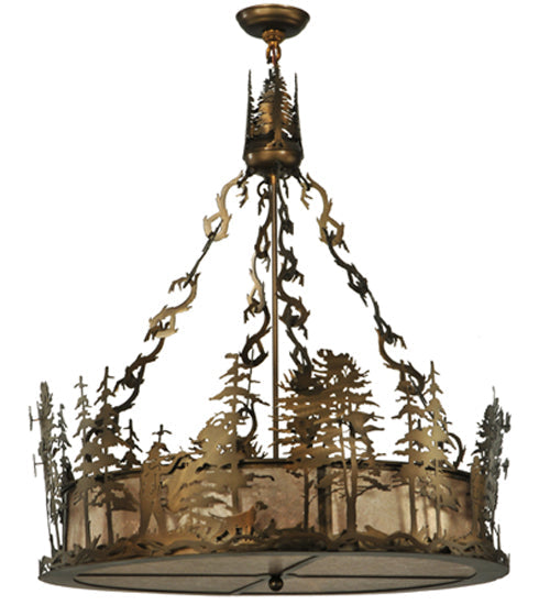 Meyda Lighting Quail Hunter With Dog 30" 4-Light Antique Copper Inverted Pendant Light With Silver Mica Shade Glass