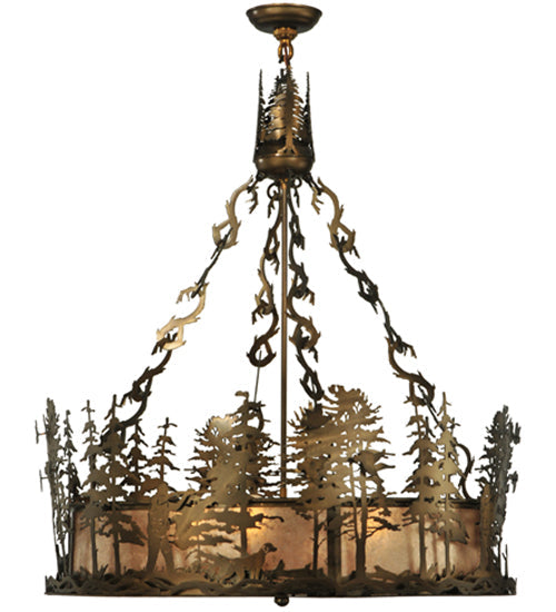 Meyda Lighting Quail Hunter With Dog 30" 4-Light Antique Copper Inverted Pendant Light With Silver Mica Shade Glass