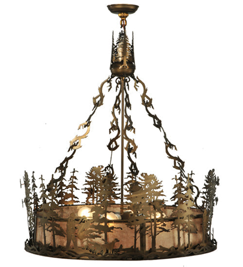 Meyda Lighting Quail Hunter With Dog 30" 4-Light Antique Copper Inverted Pendant Light With Silver Mica Shade Glass