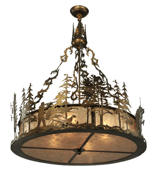 Meyda Lighting Quail Hunter With Dog 30" 4-Light Antique Copper Inverted Pendant Light With Silver Mica Shade Glass