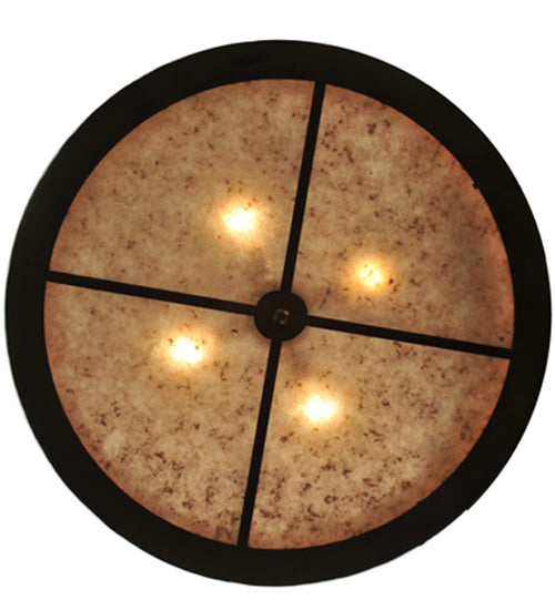 Meyda Lighting Quail Hunter With Dog 30" 4-Light Antique Copper Inverted Pendant Light With Silver Mica Shade Glass