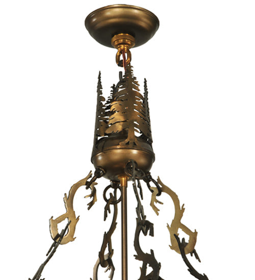 Meyda Lighting Quail Hunter With Dog 30" 4-Light Antique Copper Inverted Pendant Light With Silver Mica Shade Glass
