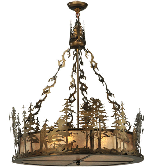 Meyda Lighting Quail Hunter With Dog 30" 4-Light Antique Copper Inverted Pendant Light With Silver Mica Shade Glass